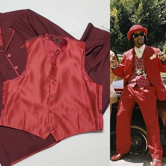 PALLINI Deep Red Satin Striped Three-Piece Suit Jacket Vest Pants Regular Fit - Picture 1 of 16